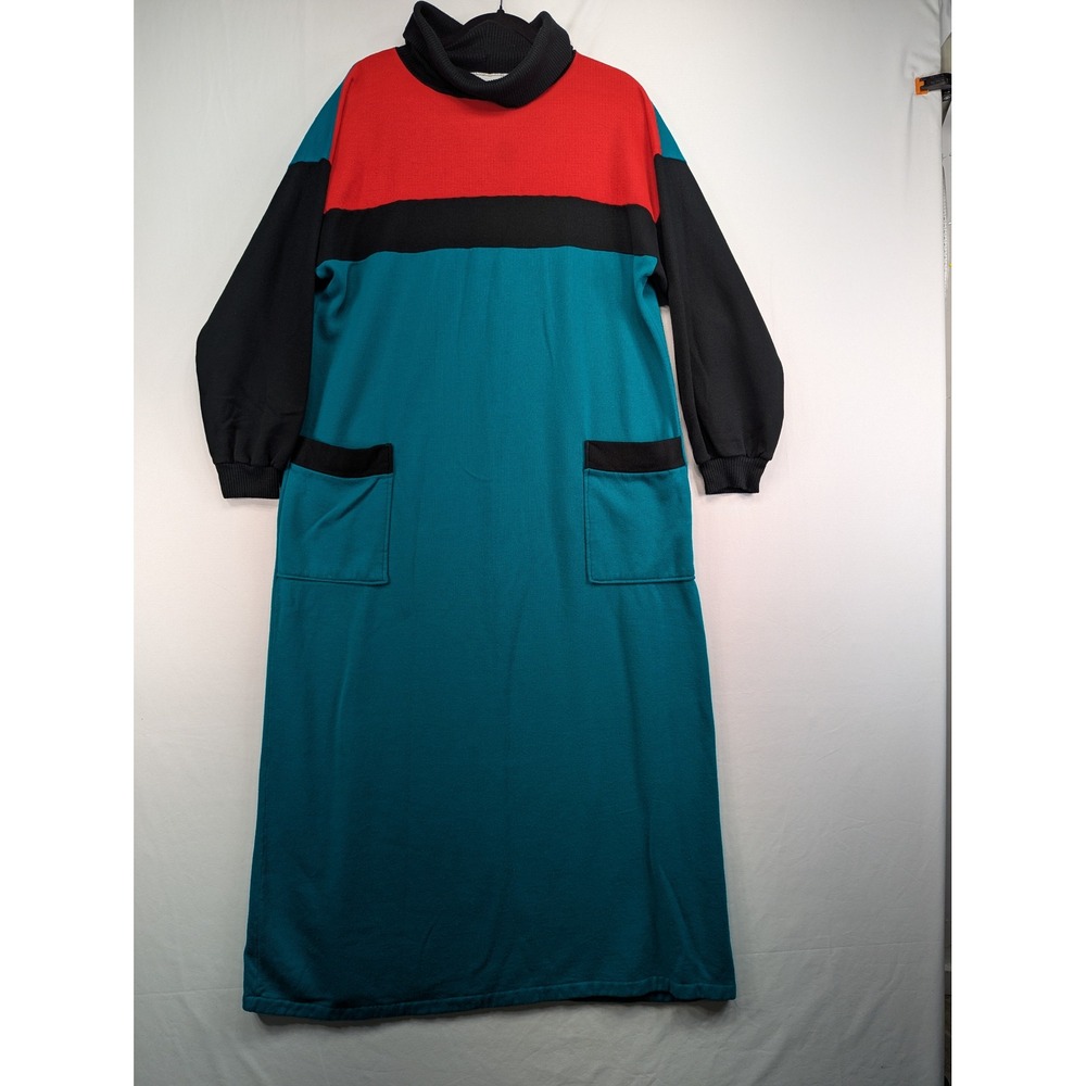 Vintage Vandemere Colorblock Maxi Sweatshirt Dress Teal Red Black Turtleneck 80s